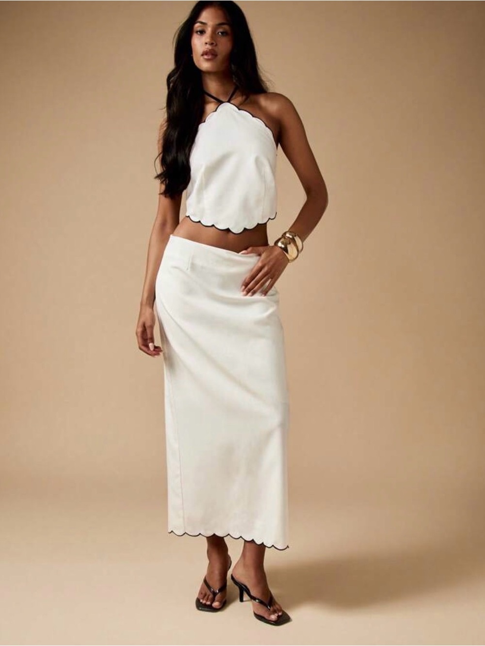 Scalloped Edge Halter Neck Crop Top And Midi Skirt Co-Ord Set